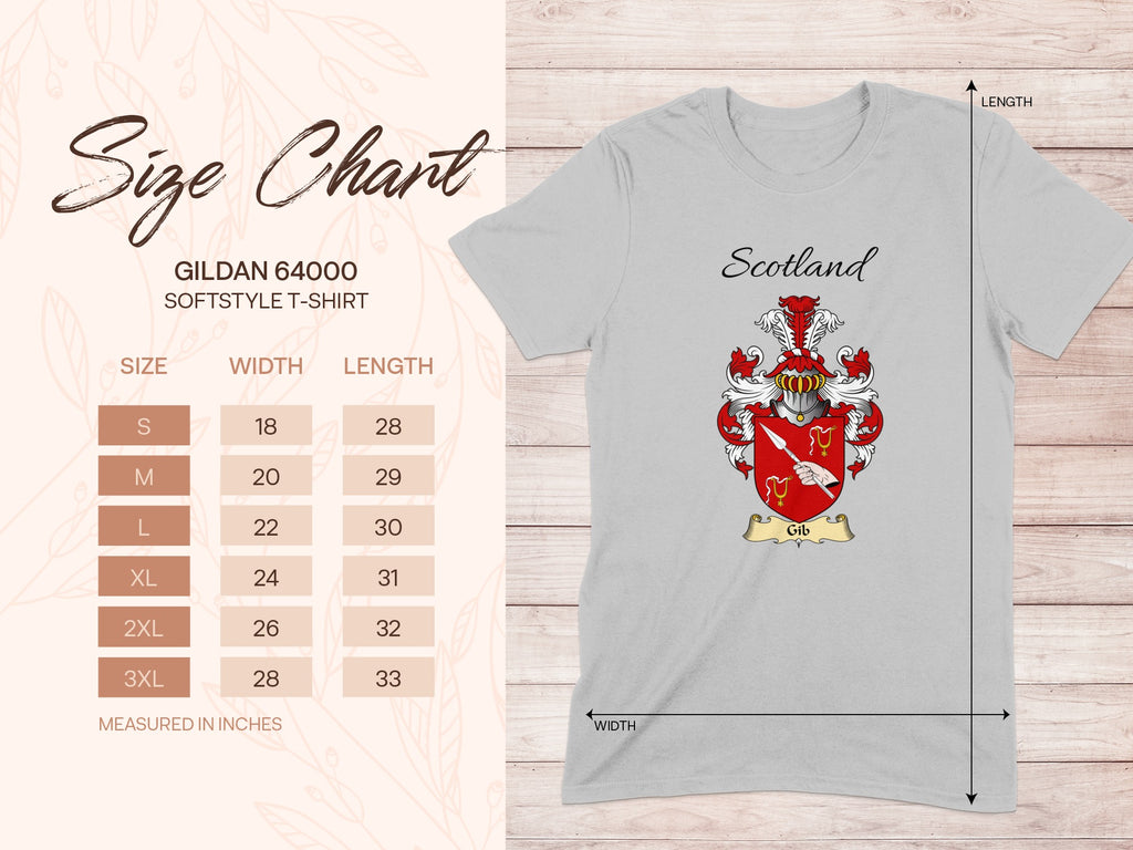 Gildan 64000 size chart for the Gib unisex T-shirt, sizes S to 3XL