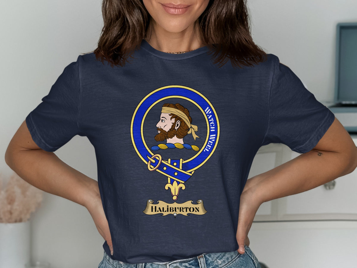 Haliburton Scottish clan crest design on navy T-shirt
