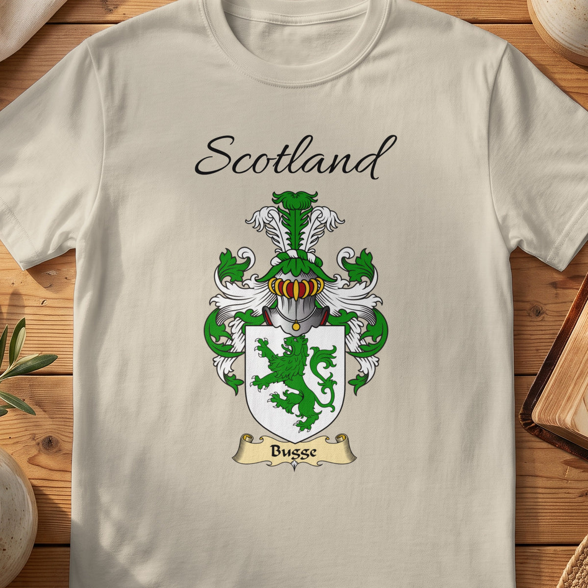 Sand Bugge Scottish family shield T-shirt featuring a green lion on a white shield