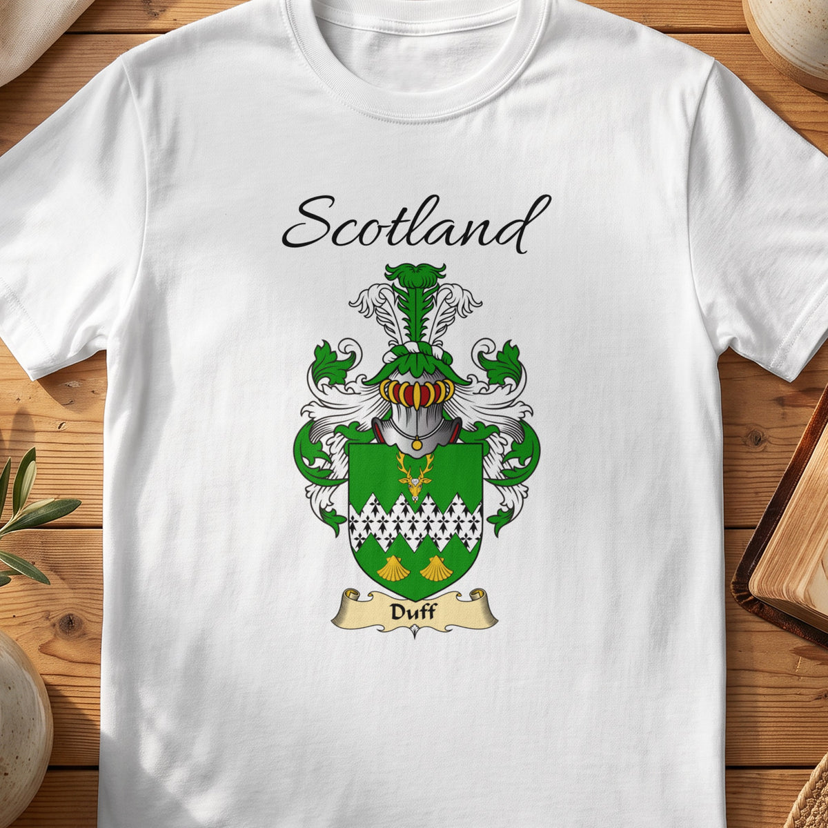 White Duff Scottish family shield T-shirt featuring a green shield with a white patterned band