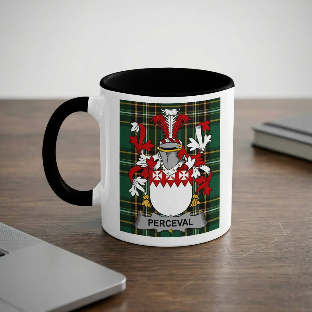 Perceval Irish heritage mug with black interior and surname crest