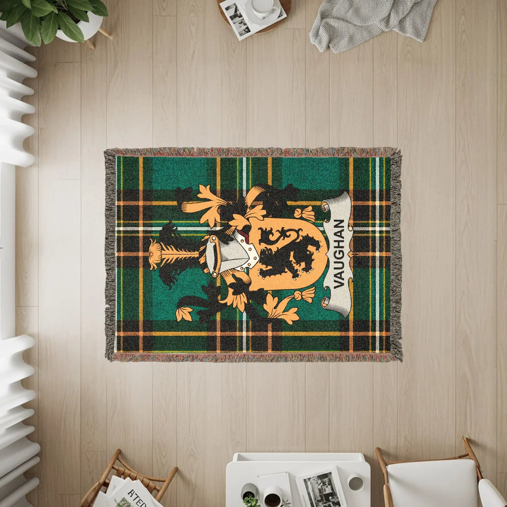 Vaughan tartan throw blanket with family crest and fringe.