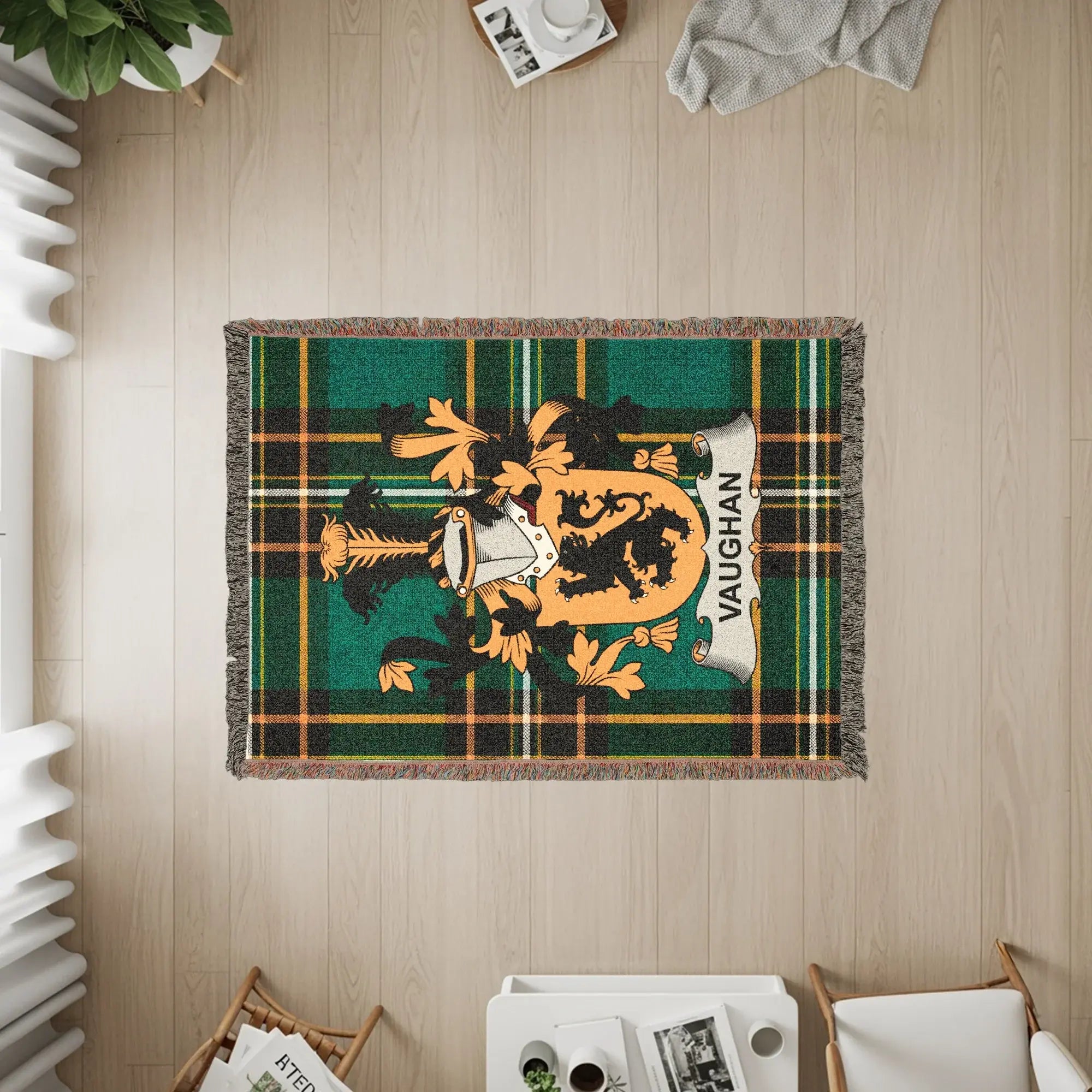 Vaughan tartan throw blanket with family crest and fringe.