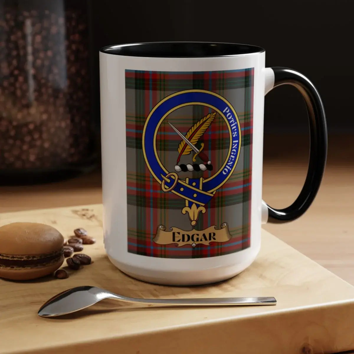 Close-up of the Edgar clan crest printed on a ceramic mug
