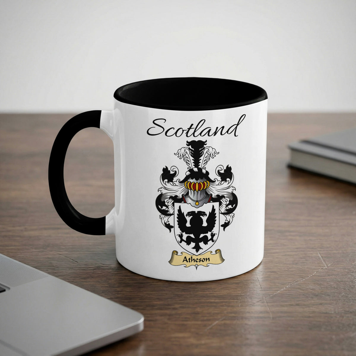 Atheson Scottish family crest accent mug with Scotland lettering and coat of arms artwork