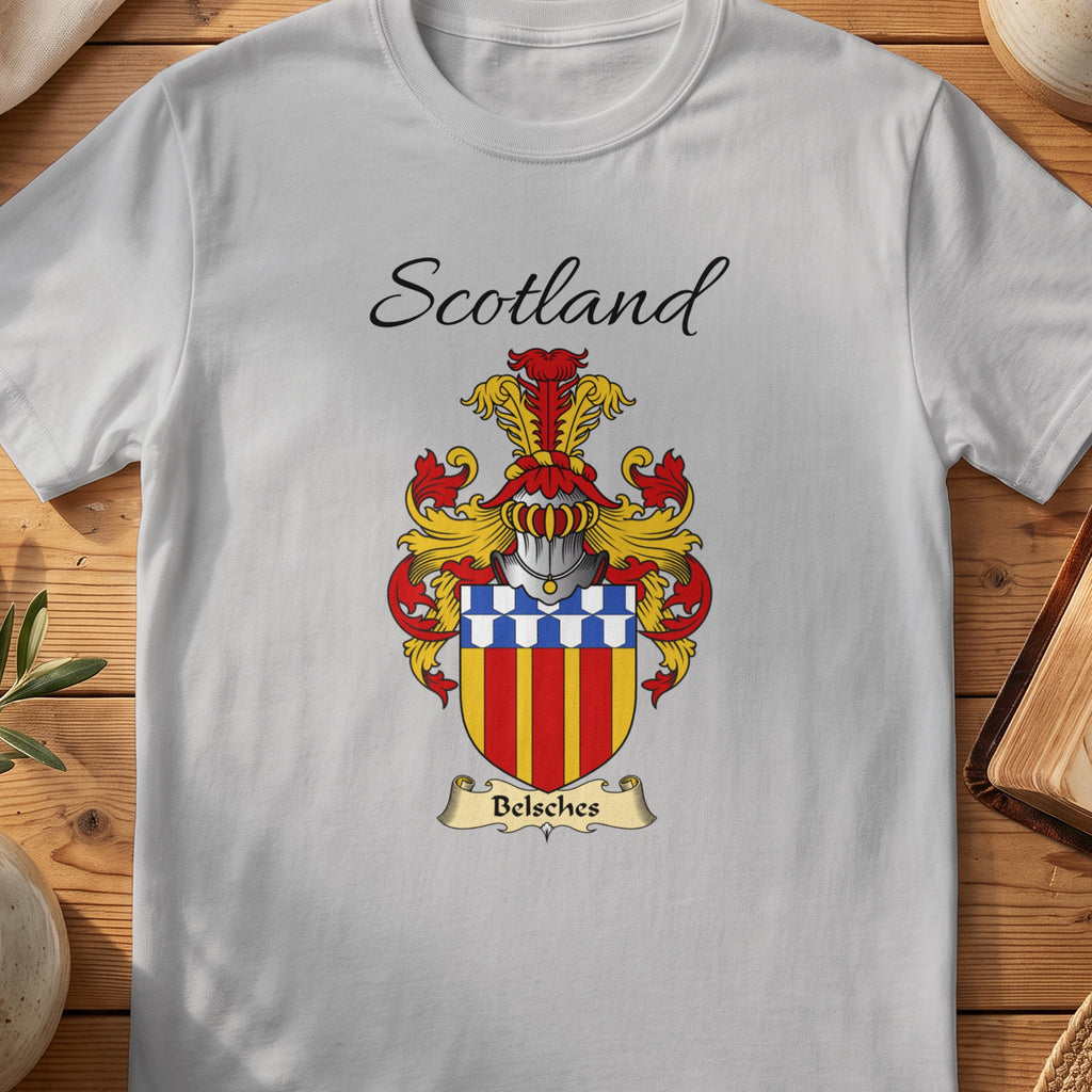 Sport Grey Belsches Scottish family shield T-shirt featuring red-and-gold stripes beneath blue-and-white checks