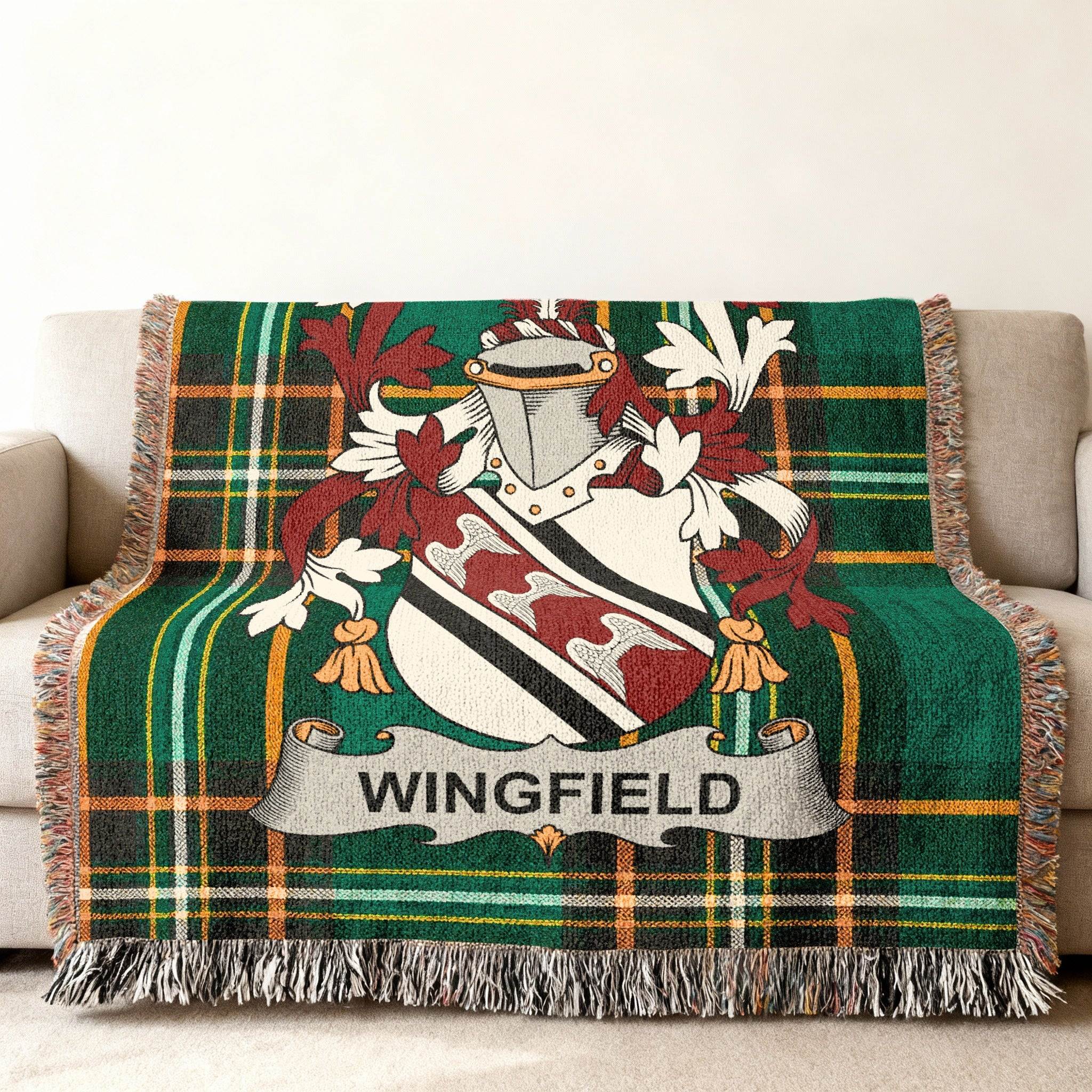 Tartan blanket with Wingfield coat of arms.