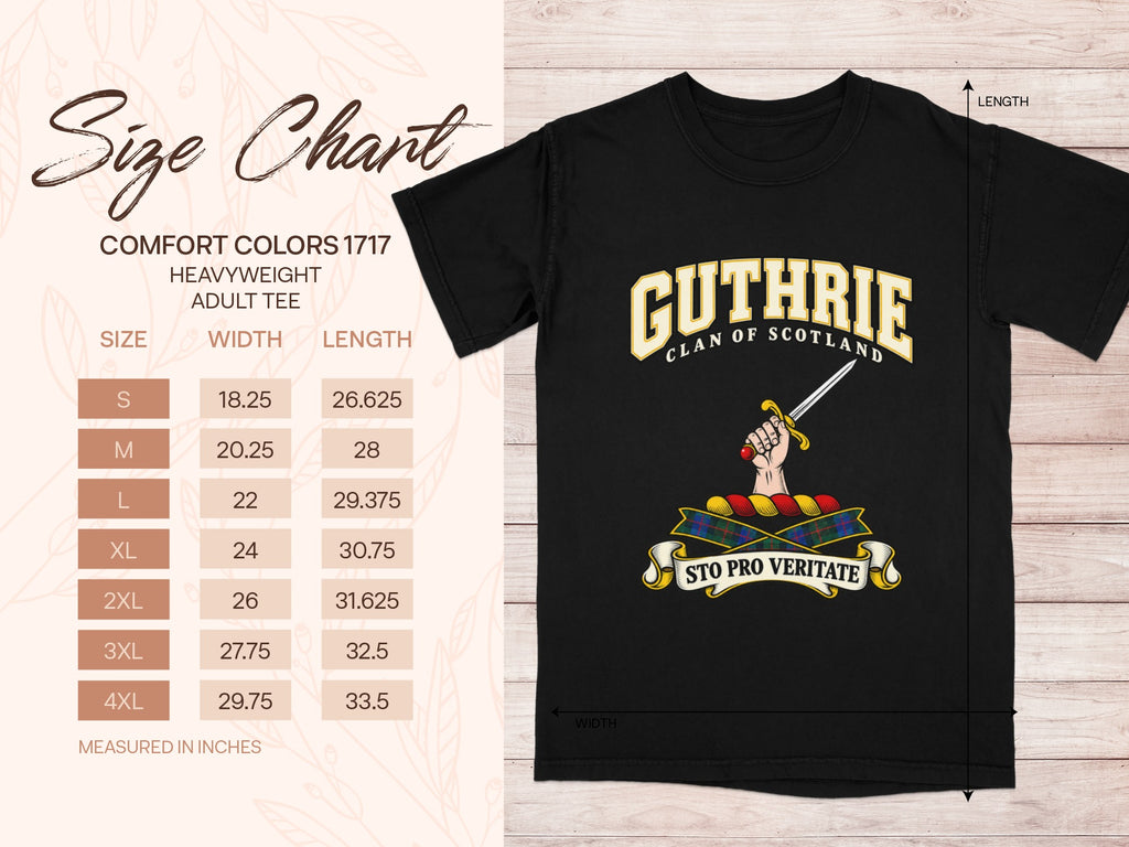 Comfort Colors 1717 size chart in inches with a black Guthrie clan crest T-shirt preview