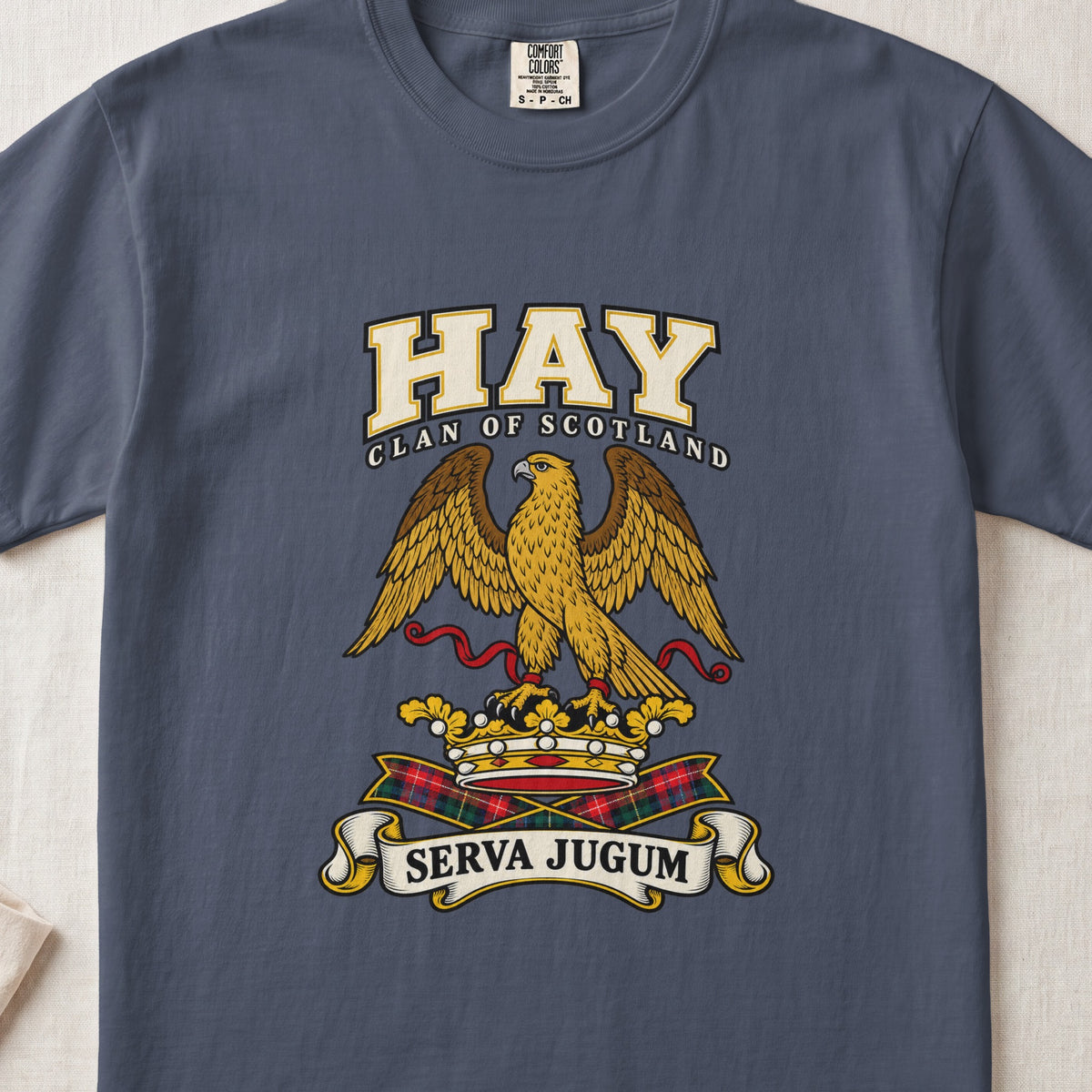 Hay graphic T-shirt in Midnight blue, front flat lay showing varsity lettering and gold eagle with spread wings and red ribbon.