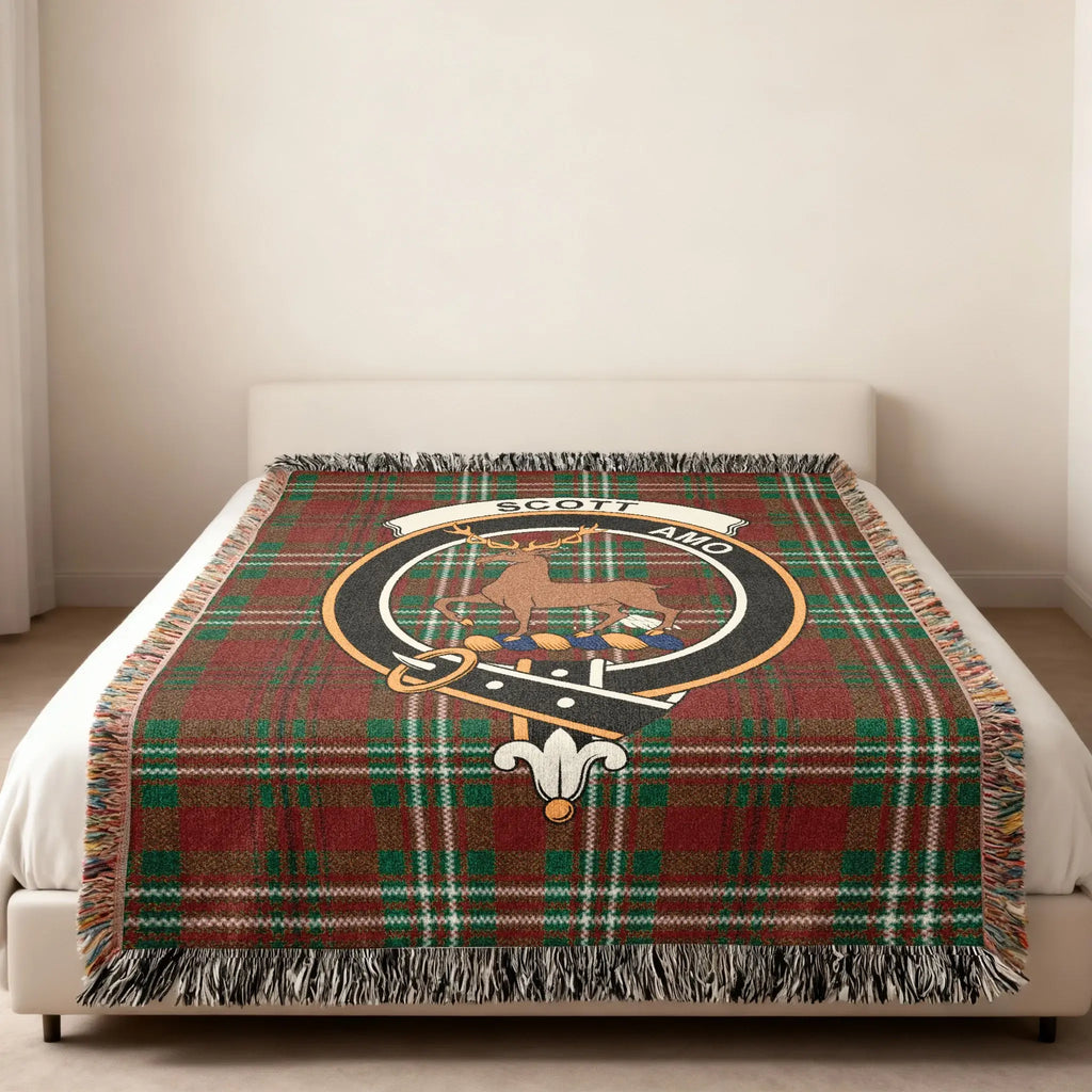 Scott amo tartan woven blanket folded — showing deer crest and plaid detail