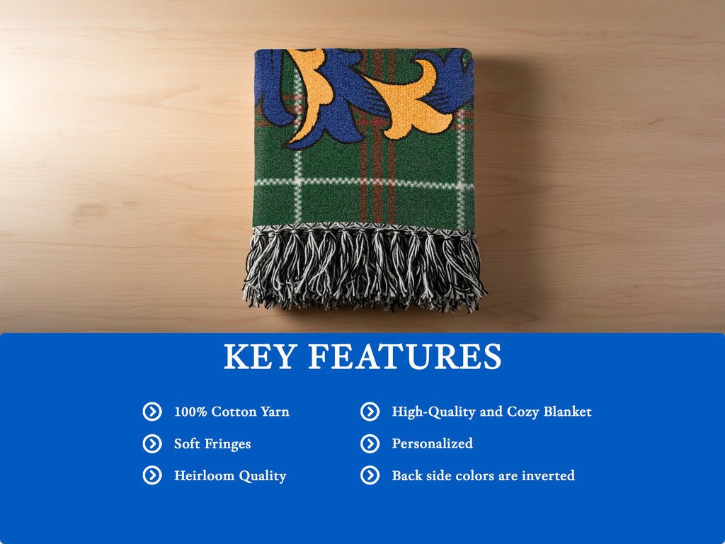 Green plaid blanket with fringed edges and key feature bullet points.