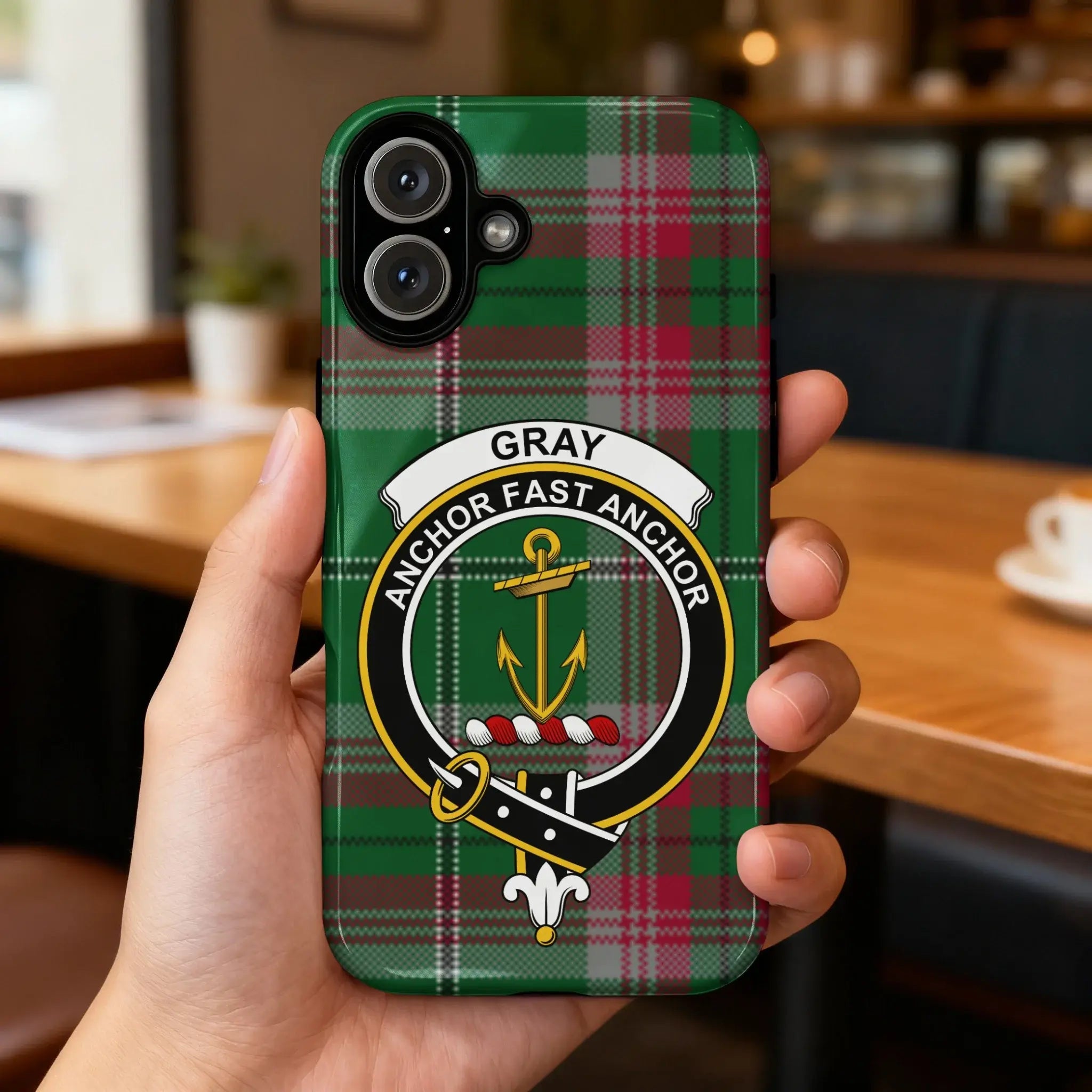 Gray Anchor Fast Anchor tartan phone case — slim profile, precise port cutouts, gloss finish