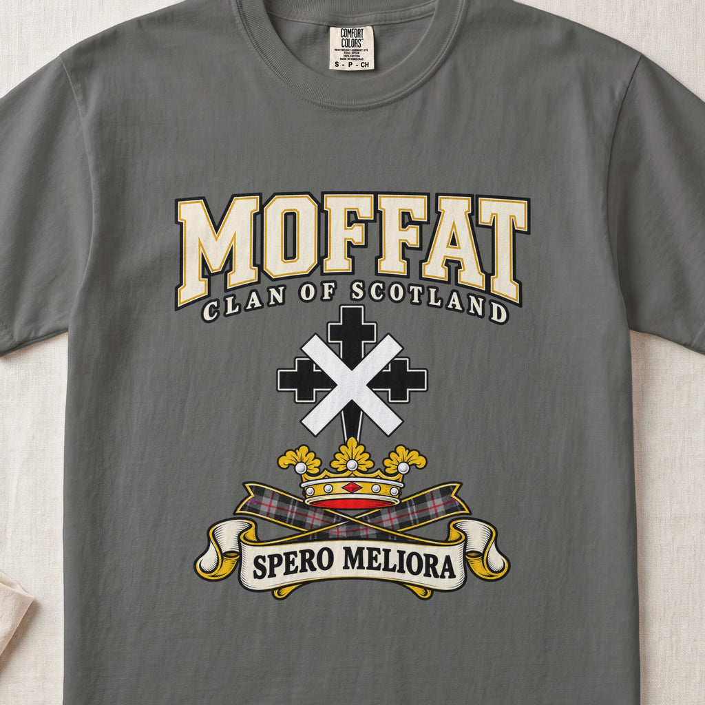 Moffat Scottish clan graphic T-shirt in Pepper, front view