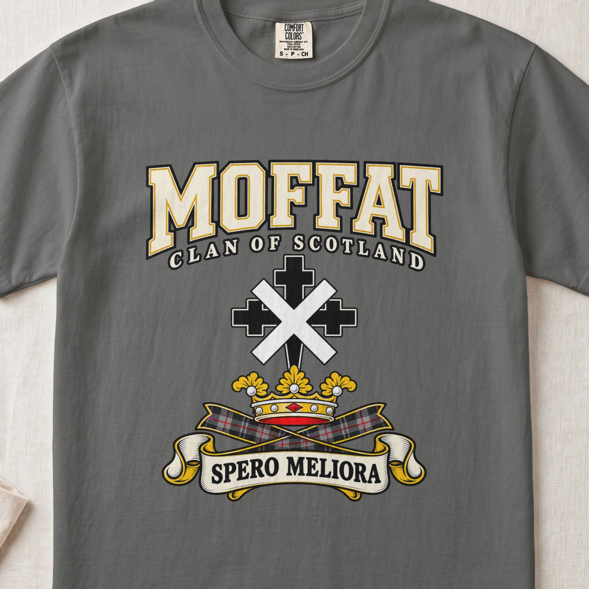 Moffat Scottish clan graphic T-shirt in Pepper, front view