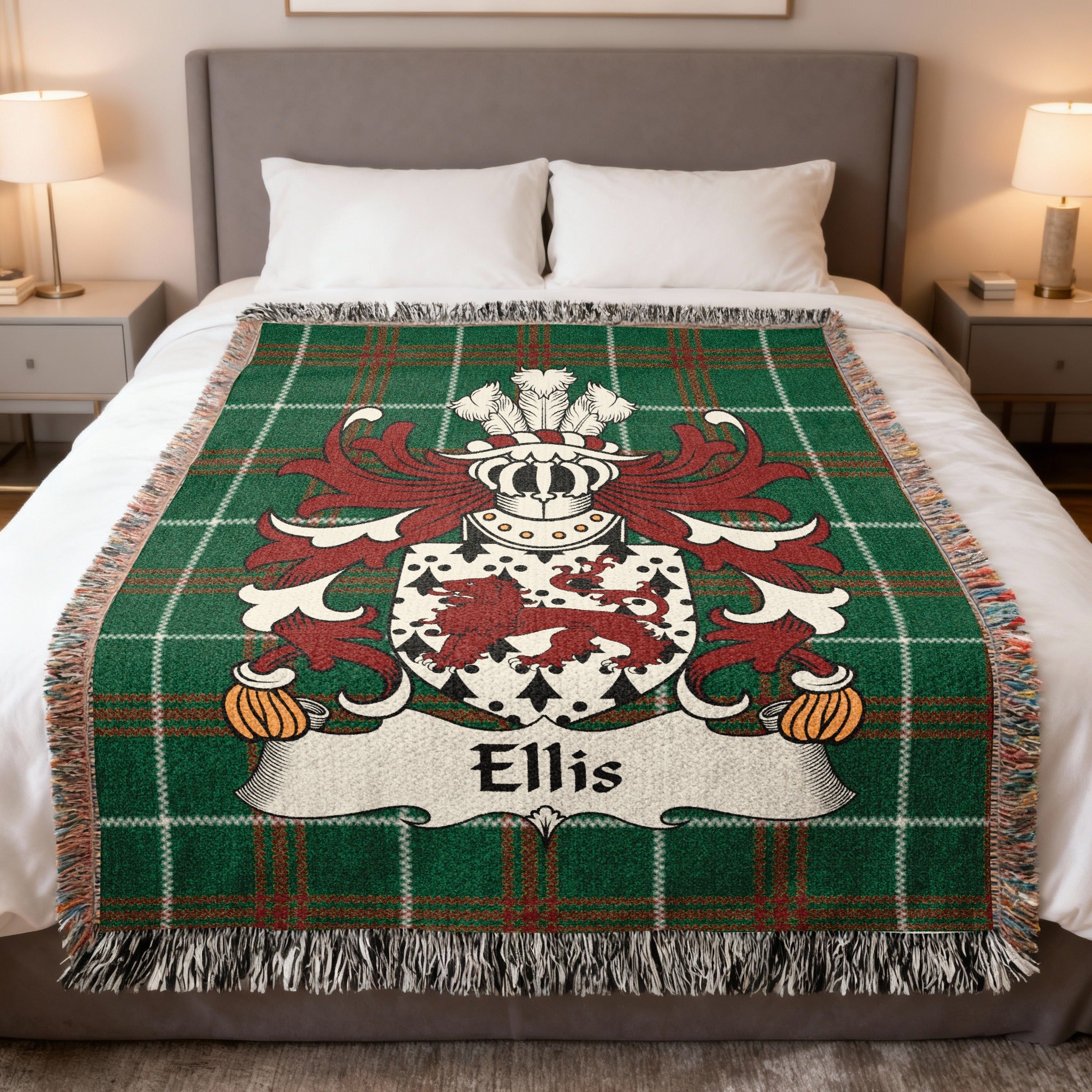 Ellis Welsh crest woven blanket on Welsh national tartan