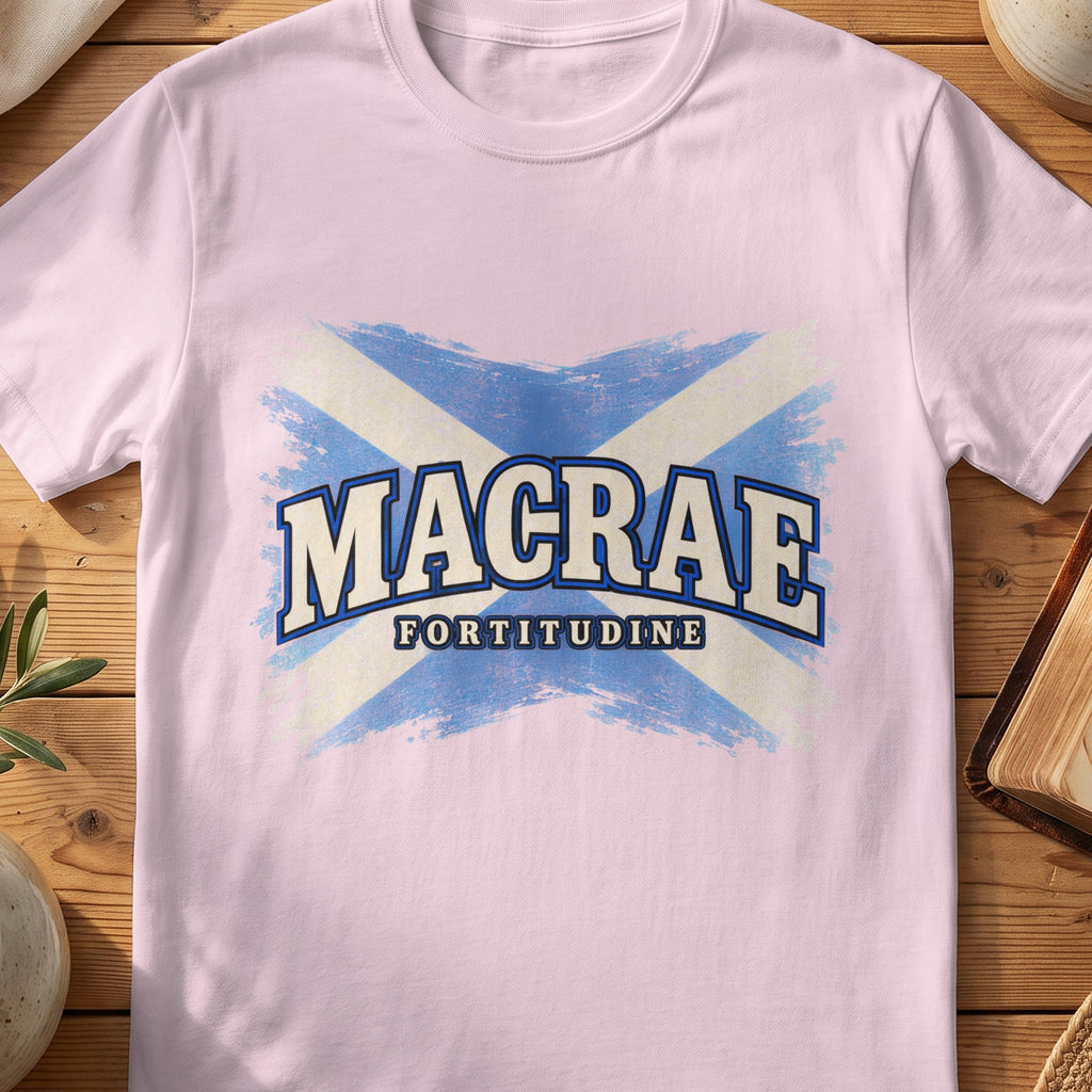 MacRae Scottish Saltire T-shirt in Light Pink, with distressed blue and cream flag and “Fortitudine” lettering.