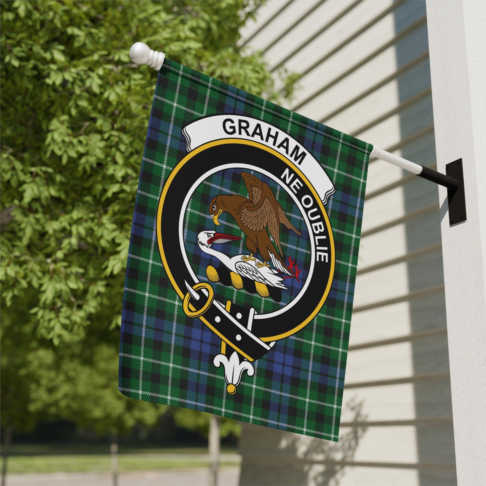 Graham clan crest tartan garden flag with Ne Oublie motto