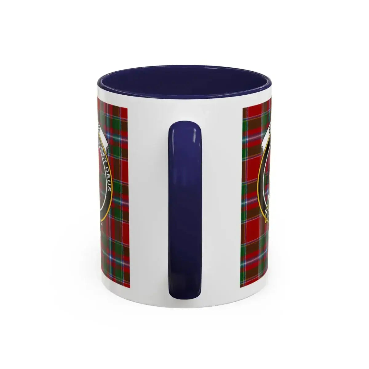 Butter clan crest tartan accent mug — navy handle, 15 oz