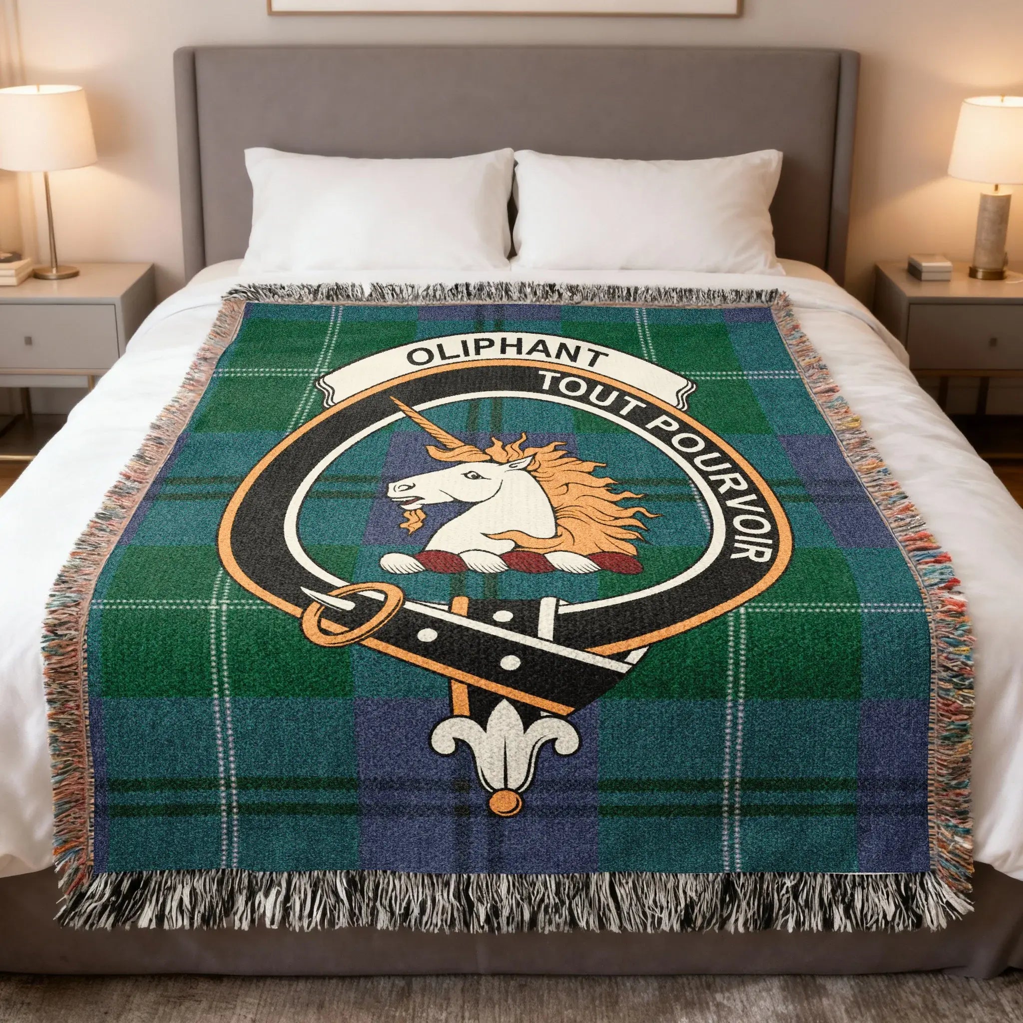 Clan Oliphant tartan woven blanket — 100% cotton with unicorn crest and tartan detail