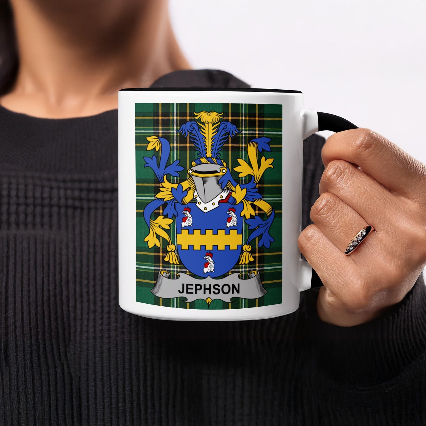 Tartan mug featuring the Jephson family crest and name.