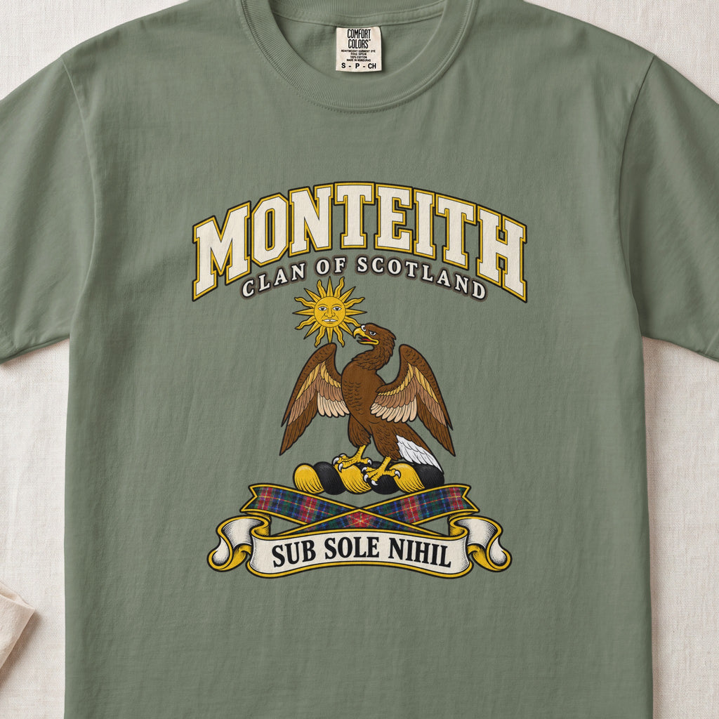 Monteith Scottish clan T-shirt in Moss, front view with an eagle beneath a golden sun and motto design.