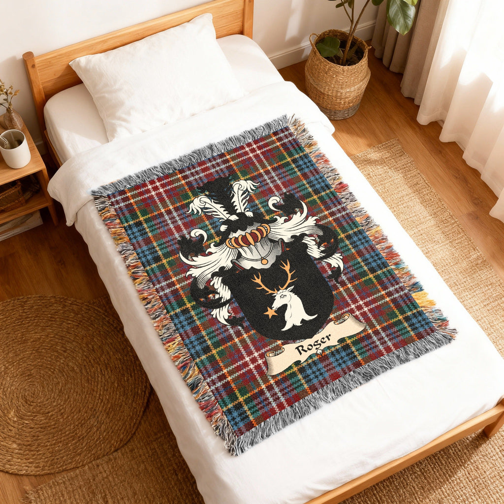 Roger Caledonia tartan heritage woven throw blanket with family shield