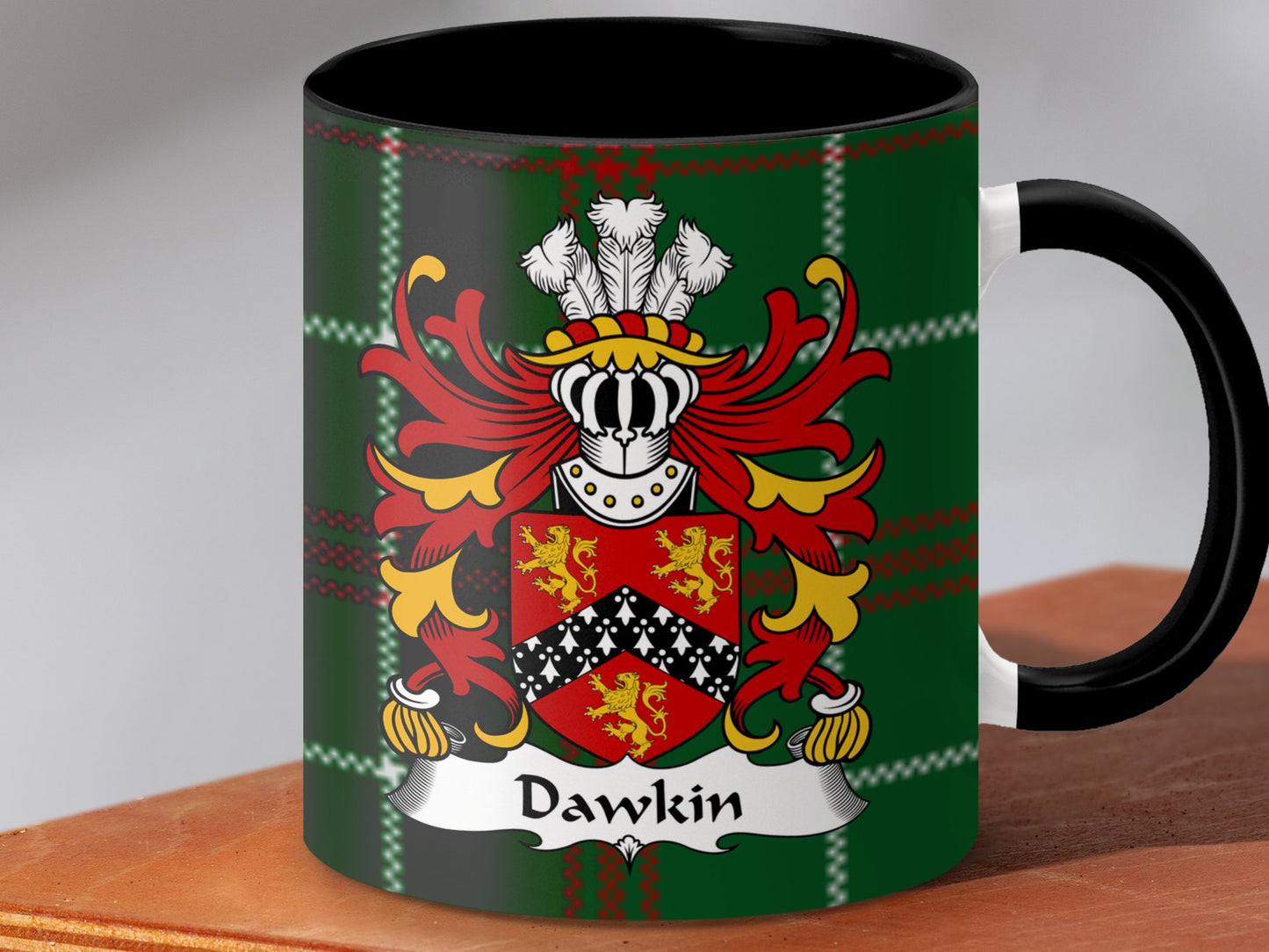 Dawkin Coat of Arms Welsh Tartan Background Mug - Living Stone Gifts