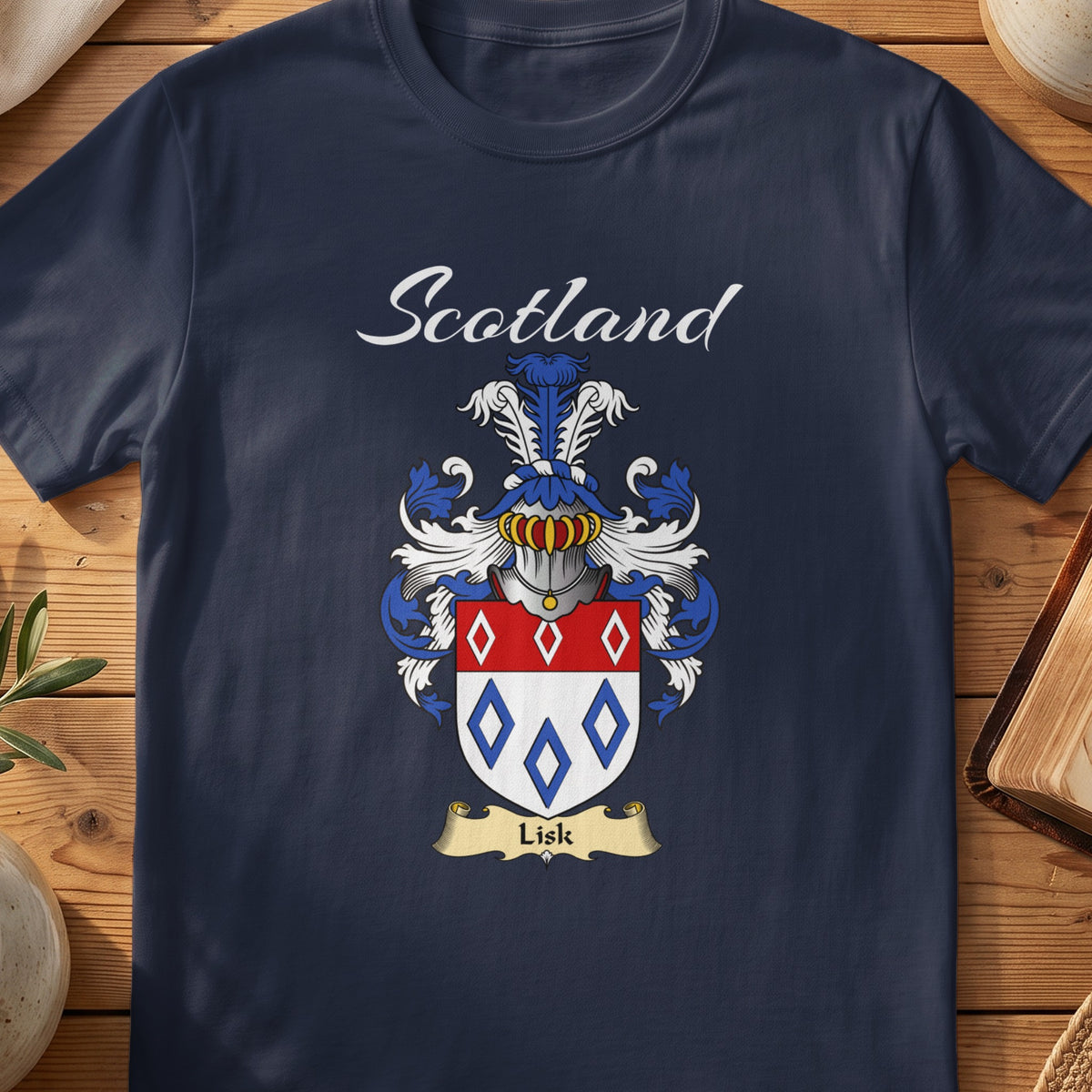 Navy Lisk family shield T-shirt featuring red-and-blue diamond outlines on a pale shield
