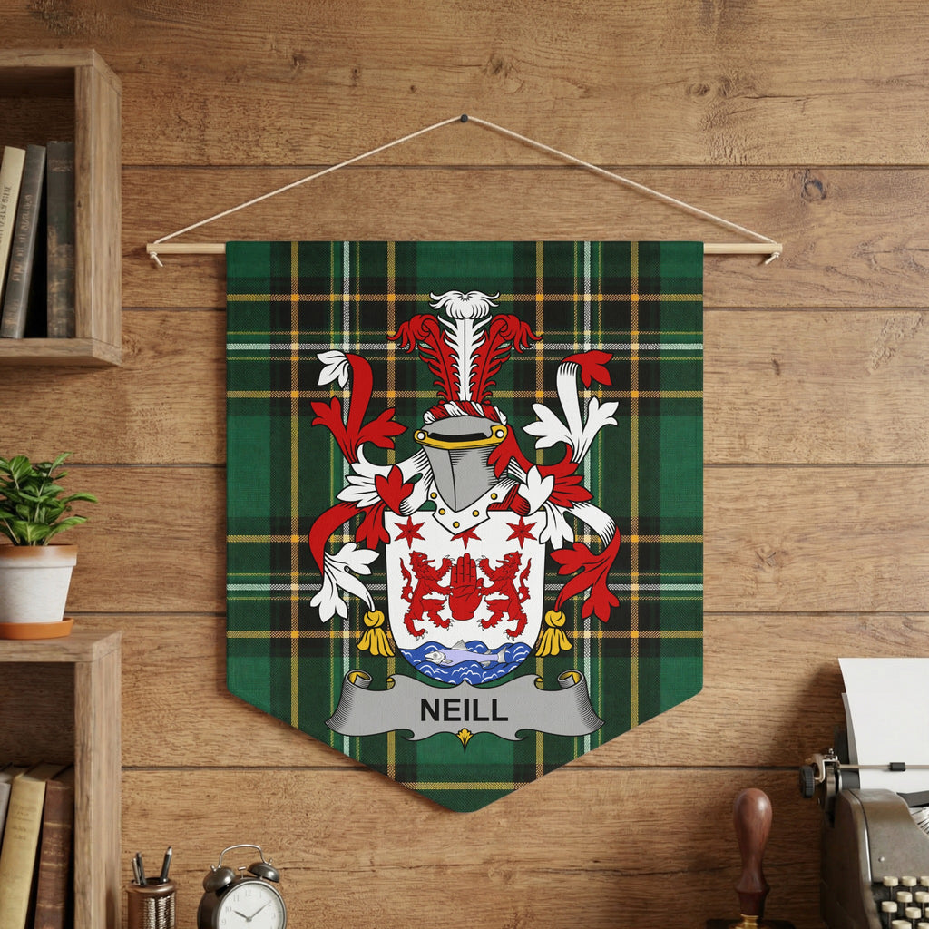 Neill family crest displayed on a green plaid banner hanging on a wooden wall.