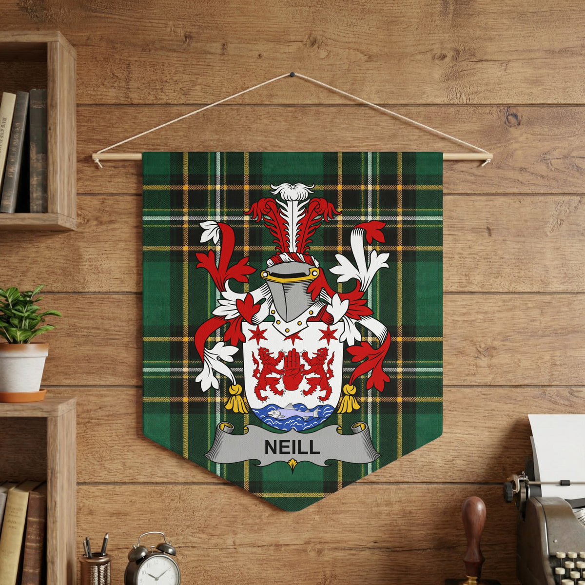 Neill family crest displayed on a green plaid banner hanging on a wooden wall.