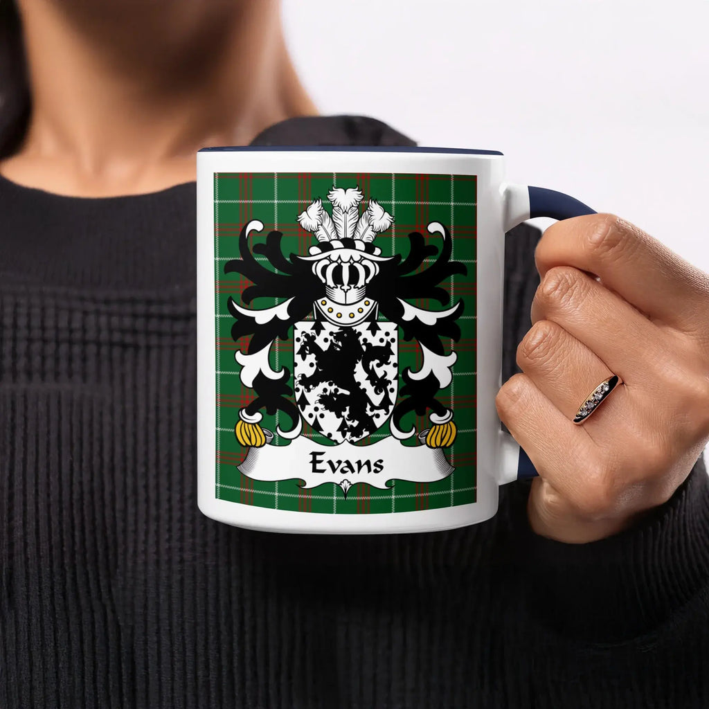 Evans Welsh ancestry gift mug with green Welsh National Tartan and family crest close-up