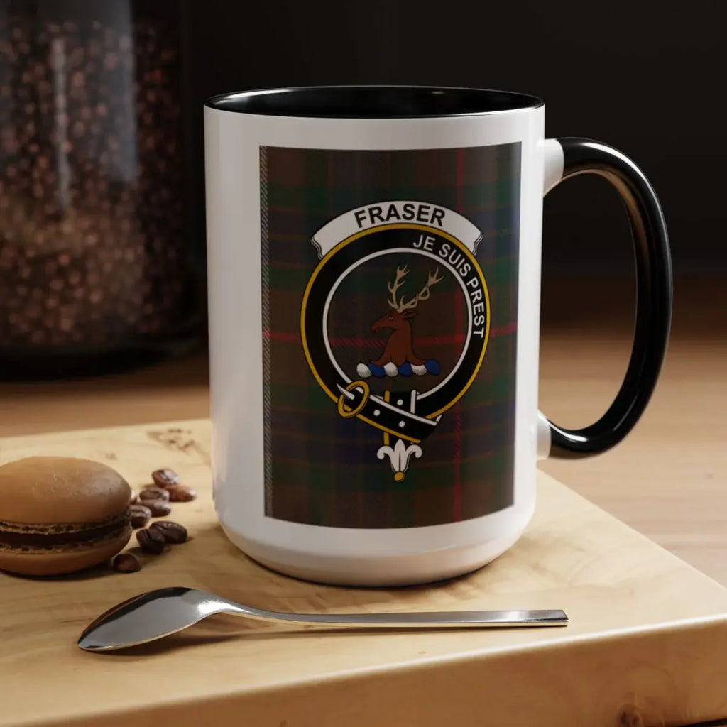 Clan Fraser 15oz mug pair — black accent handles, red and black plaid crest on white ceramic
