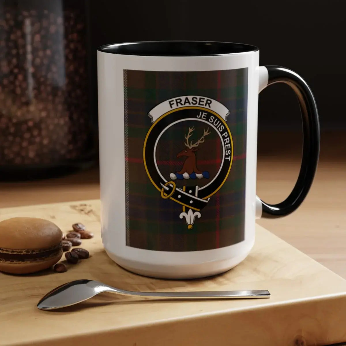 Clan Fraser 15oz mug pair — black accent handles, red and black plaid crest on white ceramic