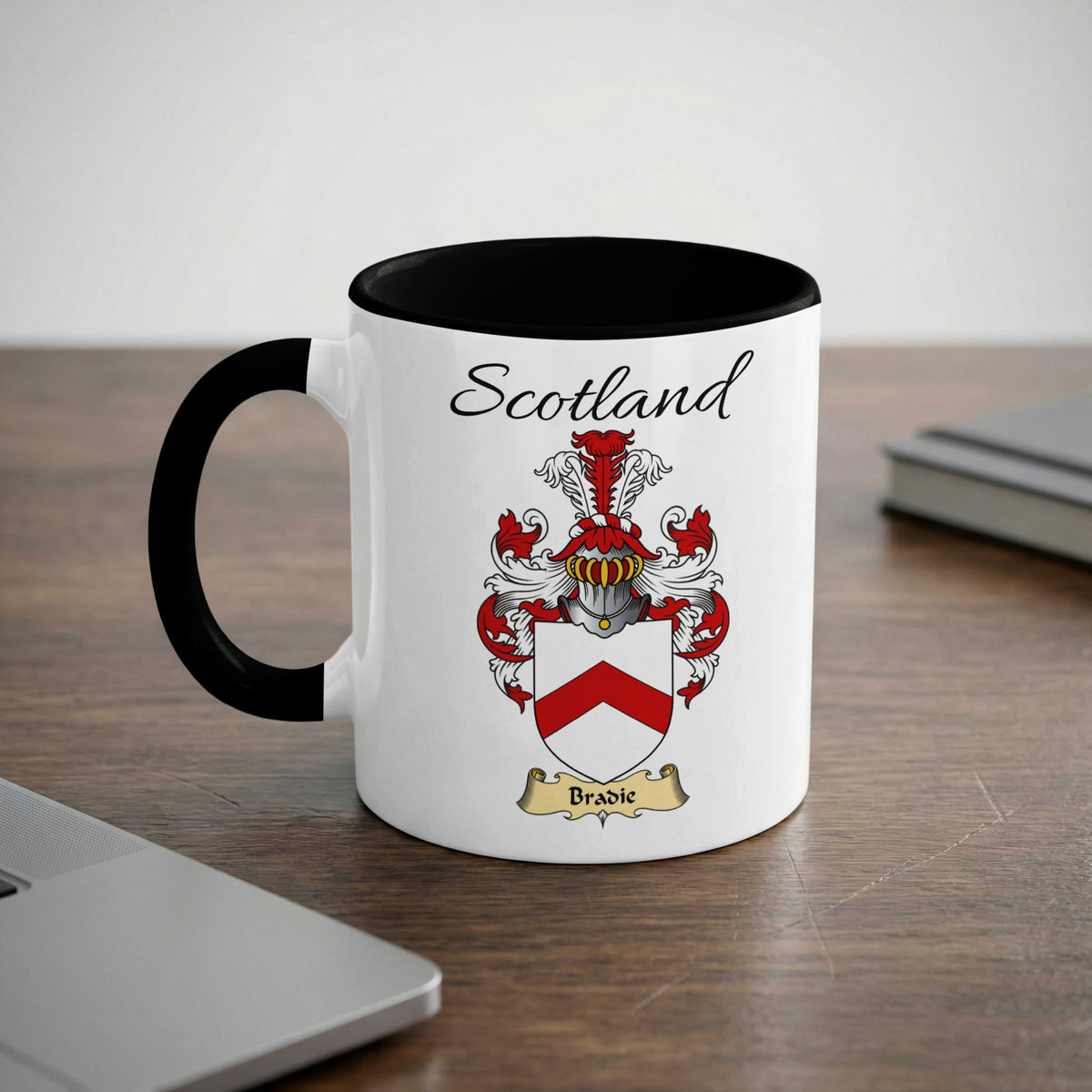 Bradie Scottish family crest accent mug with Scotland lettering and coat of arms artwork