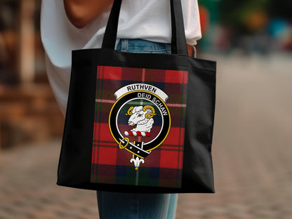 Vibrant Scottish Clan Crest on Tartan Background Tote Bag - Living Stone Gifts