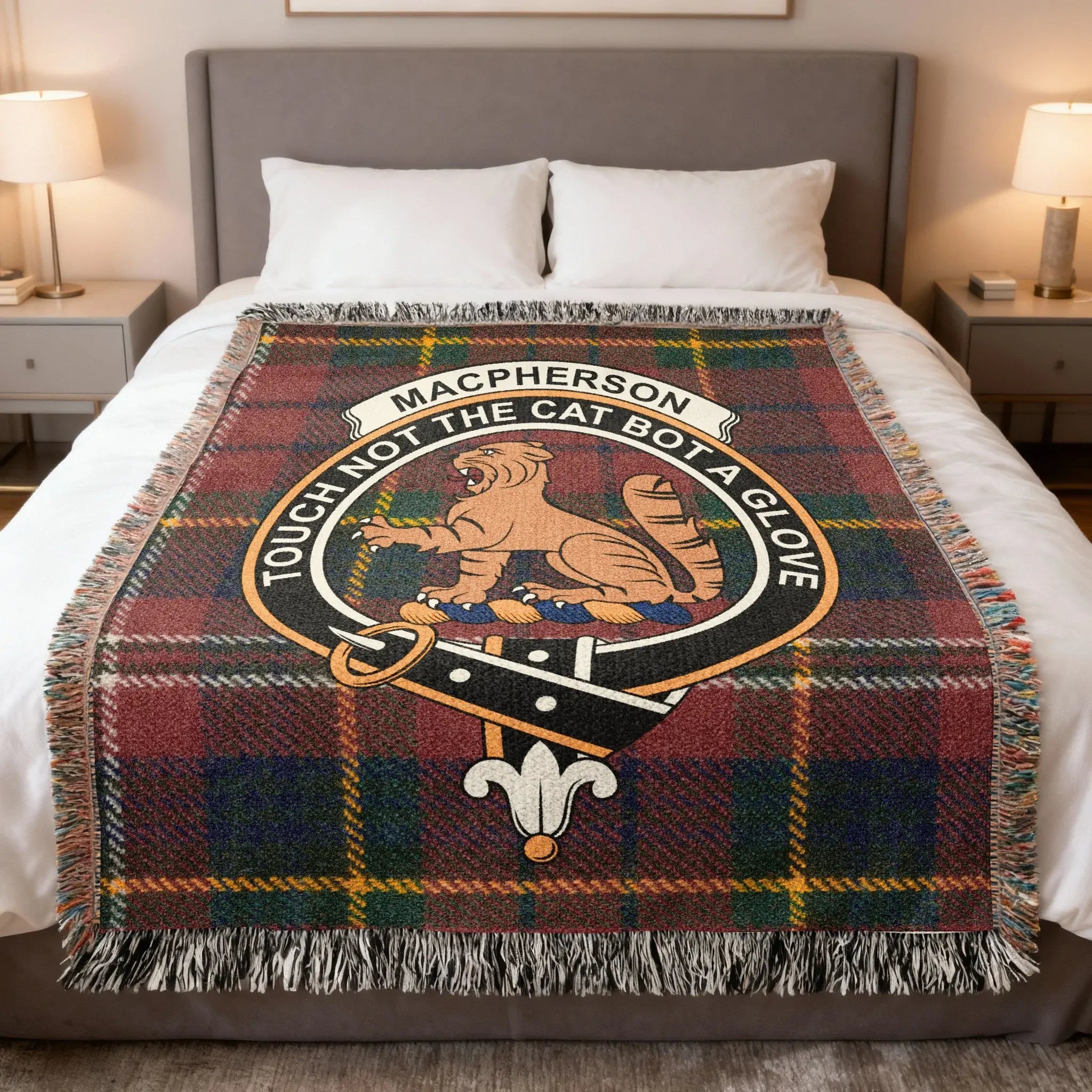 Clan MacPherson woven tartan blanket showing clan cat crest — 100% cotton heirloom throw