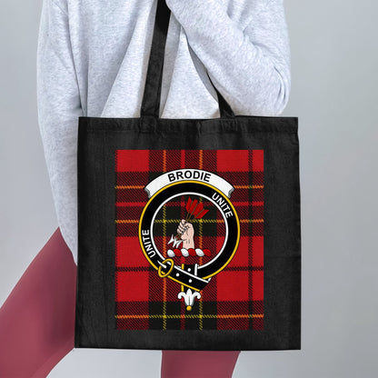 Brodie Scottish Clan Crest on Tartan Background Tote Bag - Living Stone Gifts