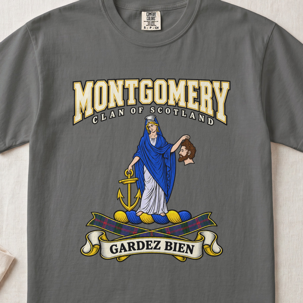 Montgomery Scottish clan graphic T-shirt in Pepper, front view