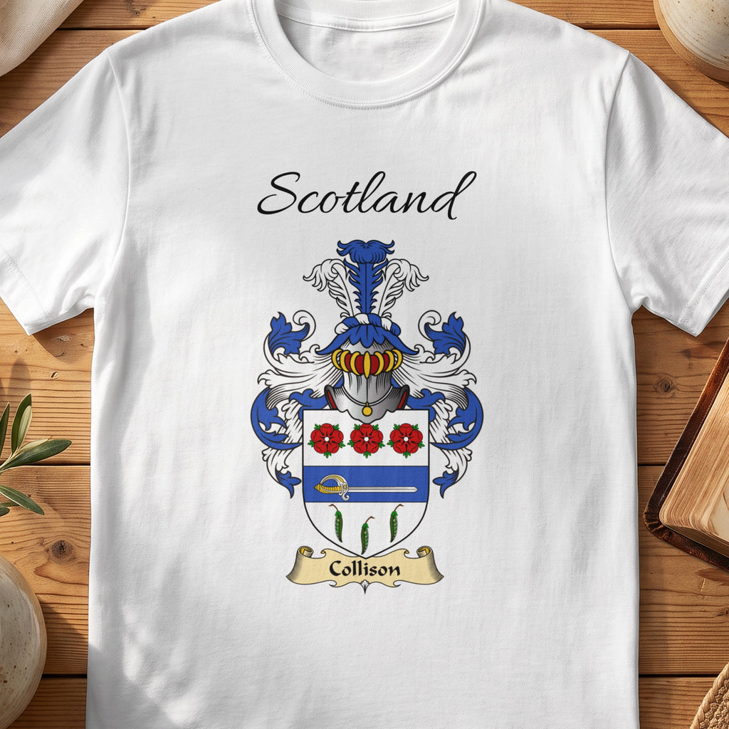 White Collison Scottish family shield T-shirt featuring red flowers above a blue band and green leaf motifs
