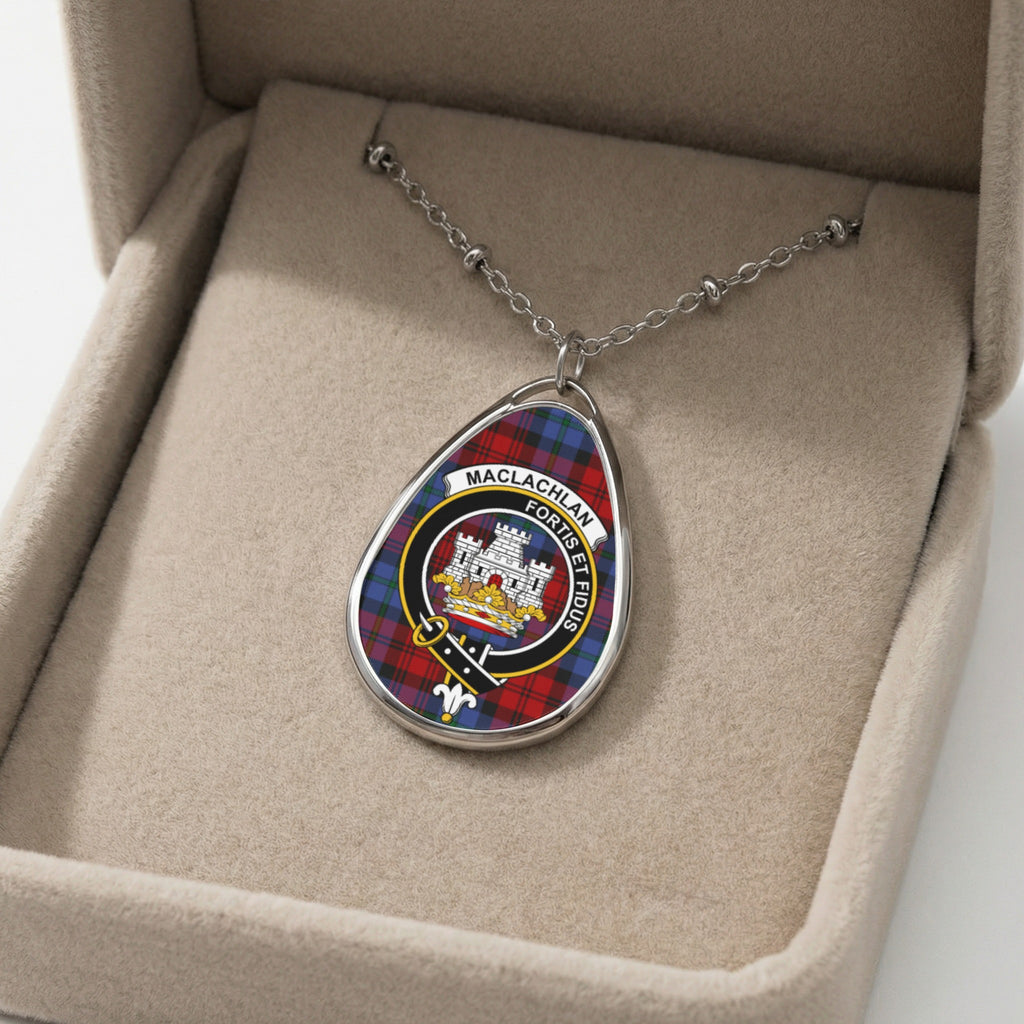 Oval MacLachlan clan crest pendant necklace with tartan background in jewelry box.