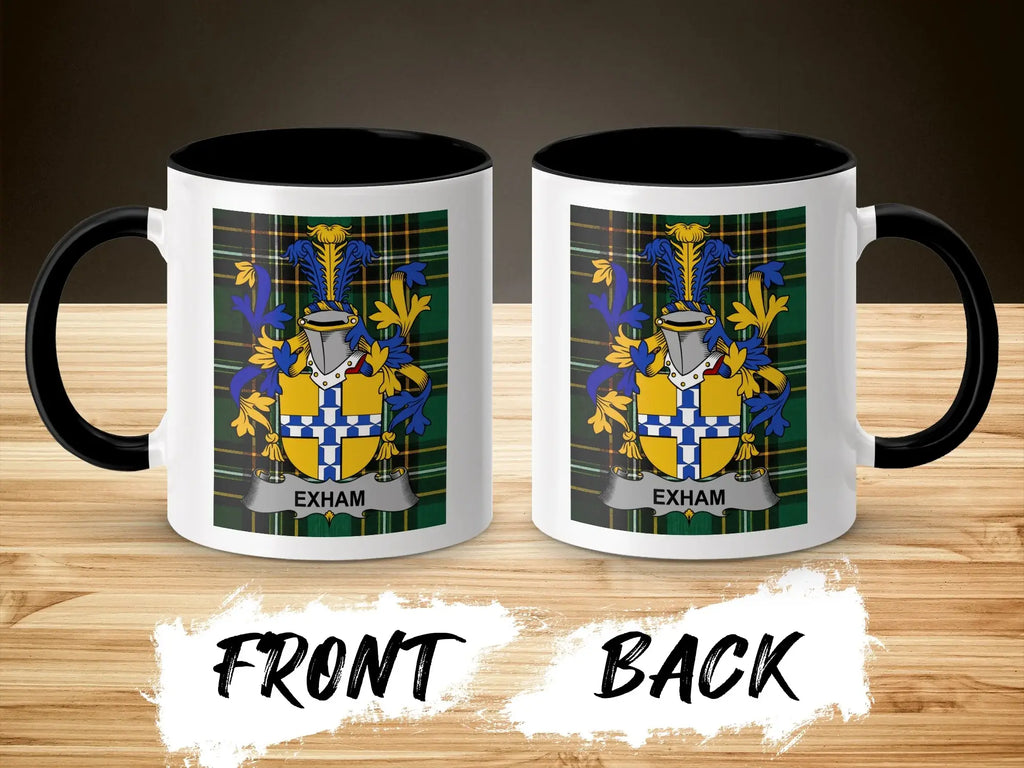 Two mugs displaying the Exham family crest on a wooden surface.