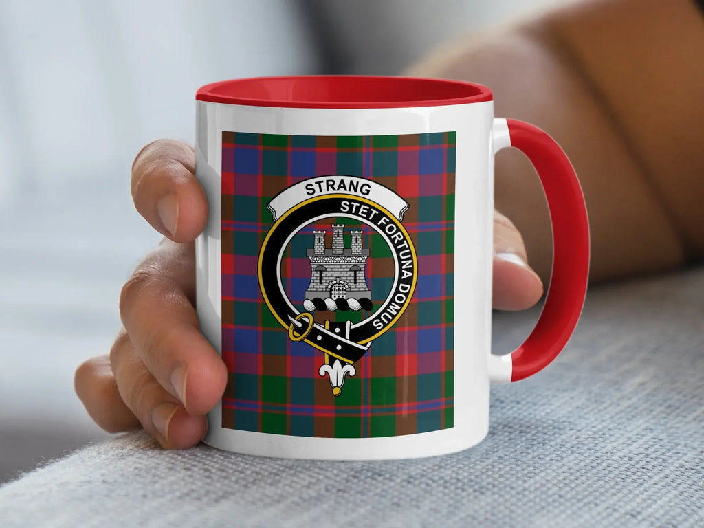 Scottish clan Strang tartan crest coffee mug — red handle, 15oz