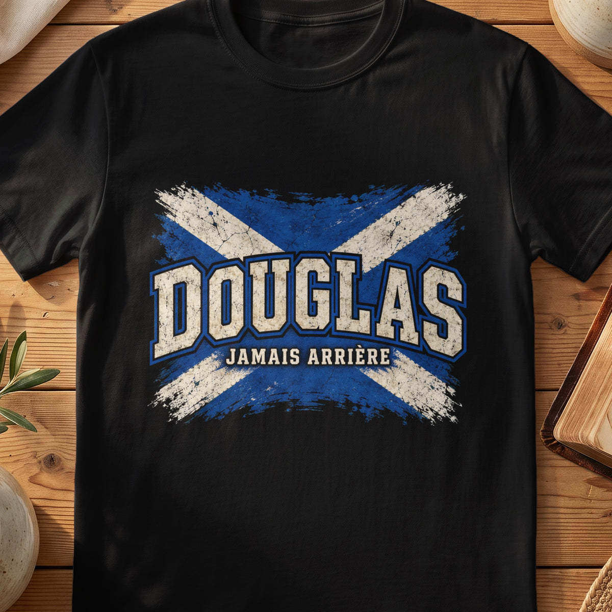 Douglas Scottish Saltire T-shirt in Black, with distressed blue and cream flag and “Jamais Arrière” lettering.