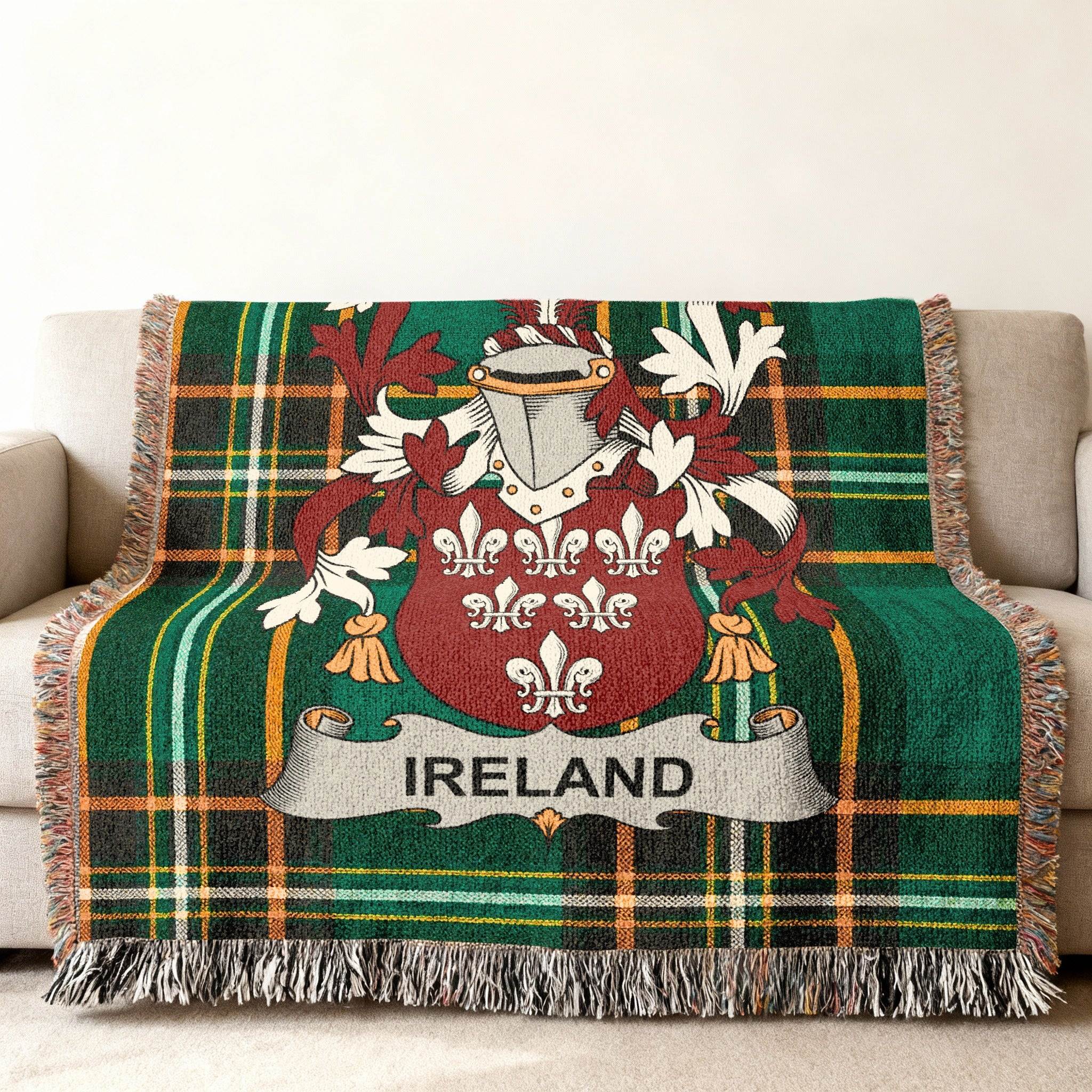 Woven blanket with Irish tartan pattern and coat of arms for Ireland.
