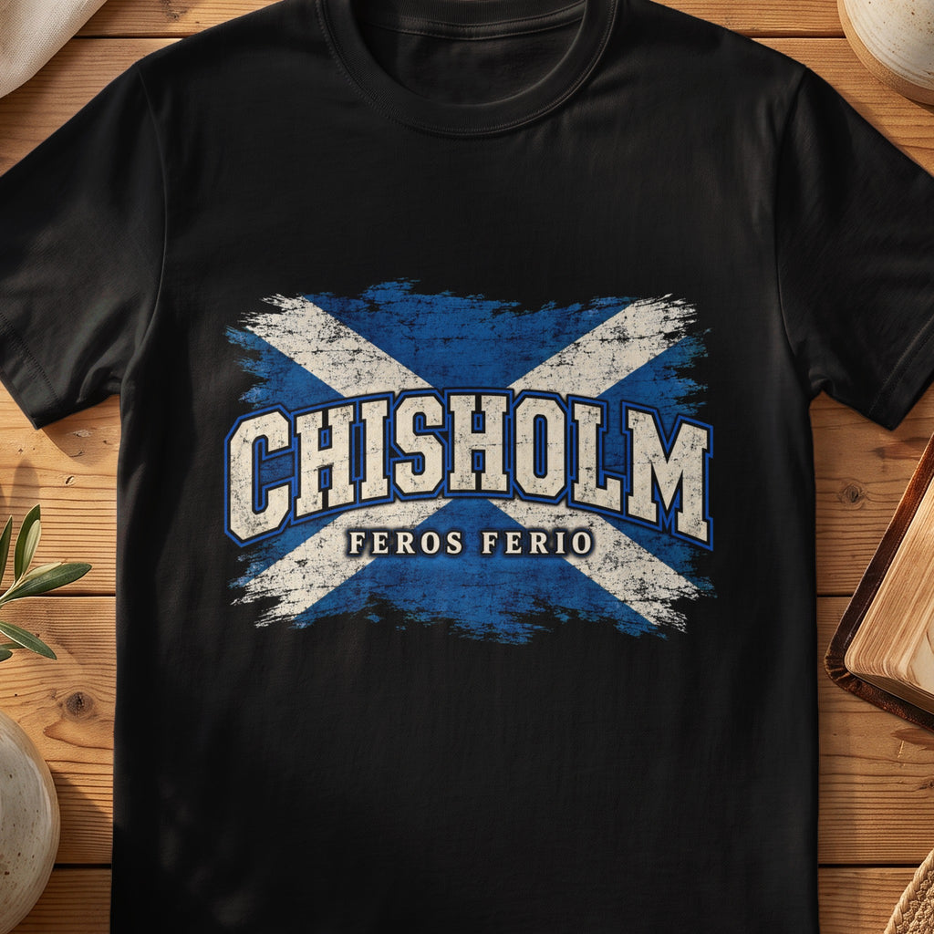 Chisholm Scottish Saltire T-shirt in Black, with distressed blue and cream flag and “Feros Ferio” lettering.