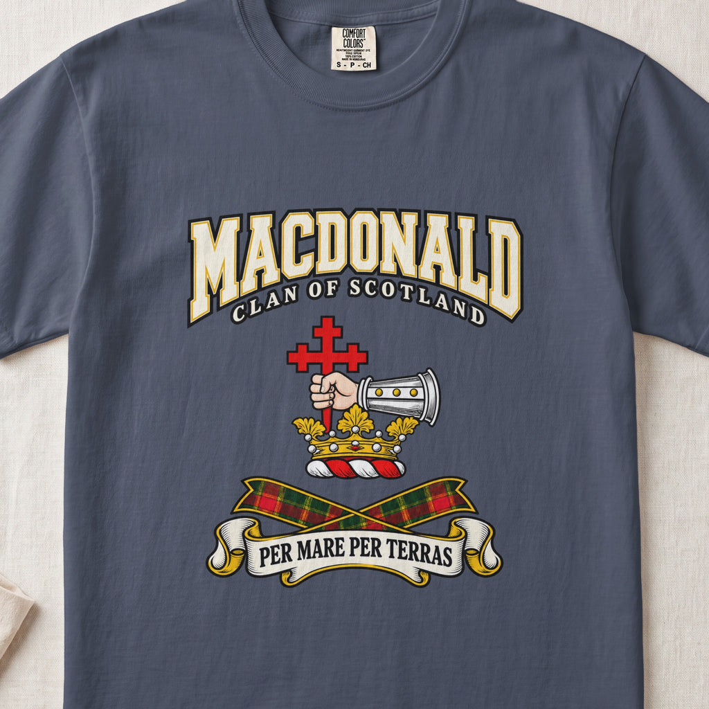MacDonald graphic T-shirt in Midnight blue, front flat lay showing varsity lettering and armoured forearm with hand holding red cross.