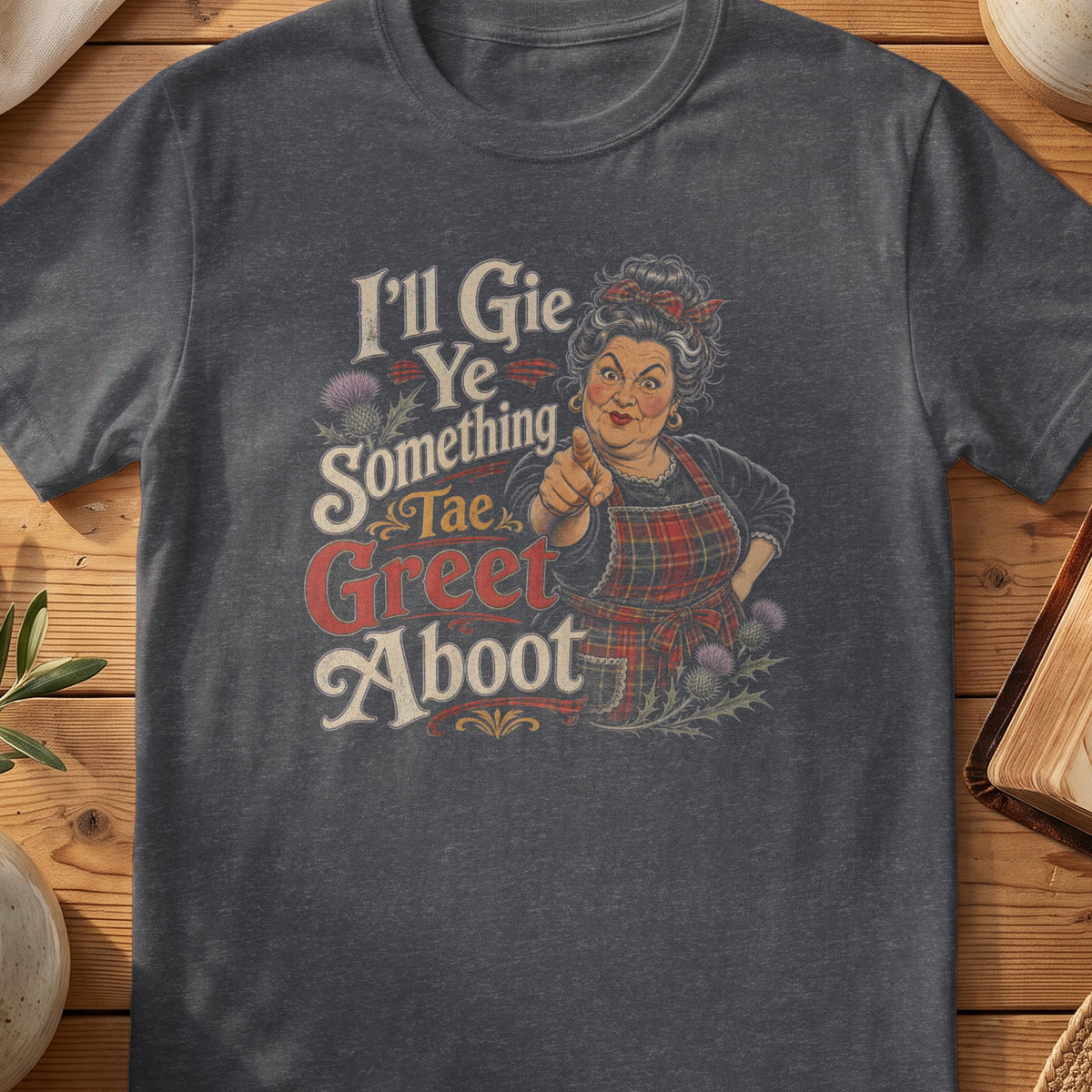 Dark grey Gildan 64000 unisex T-shirt flatlay with I'll Gie Ye Something Tae Greet Aboot Scottish graphic design