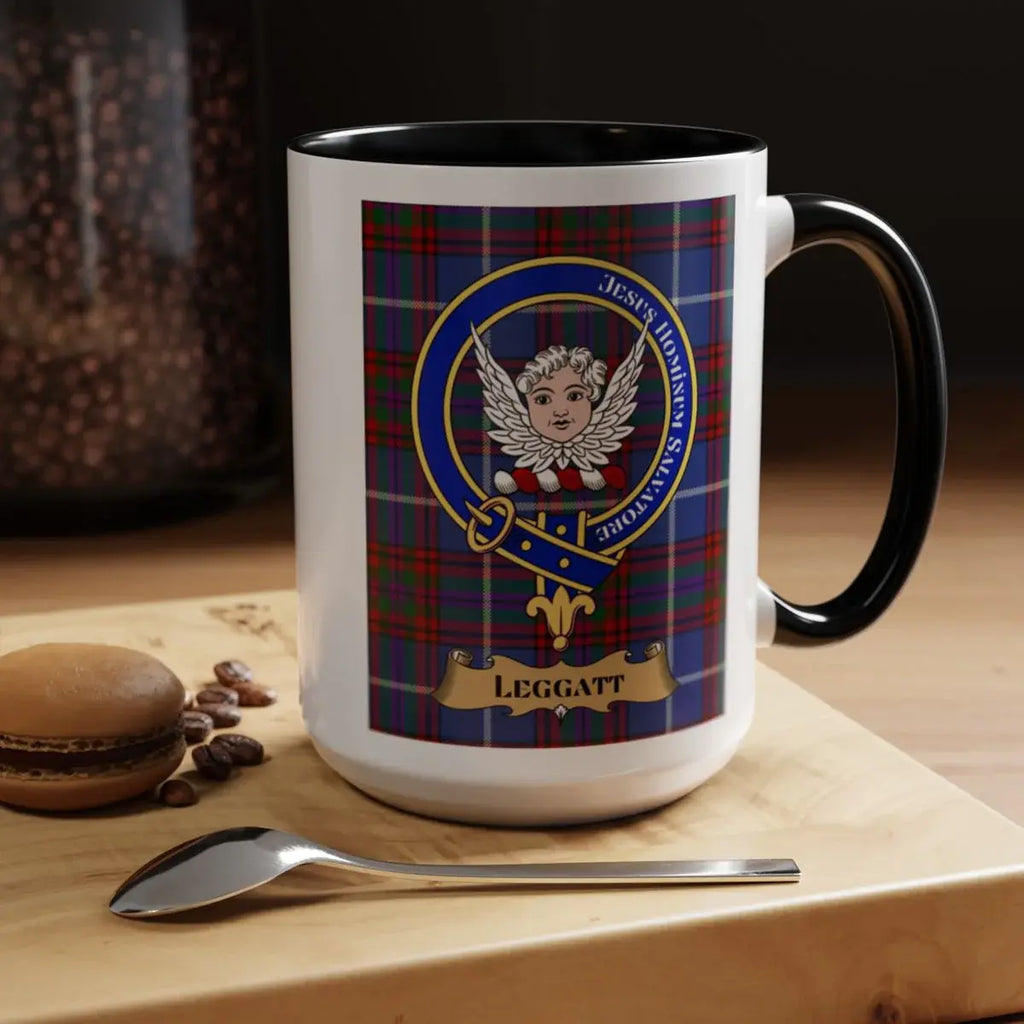 Close-up of the Leggatt clan crest printed on a ceramic mug