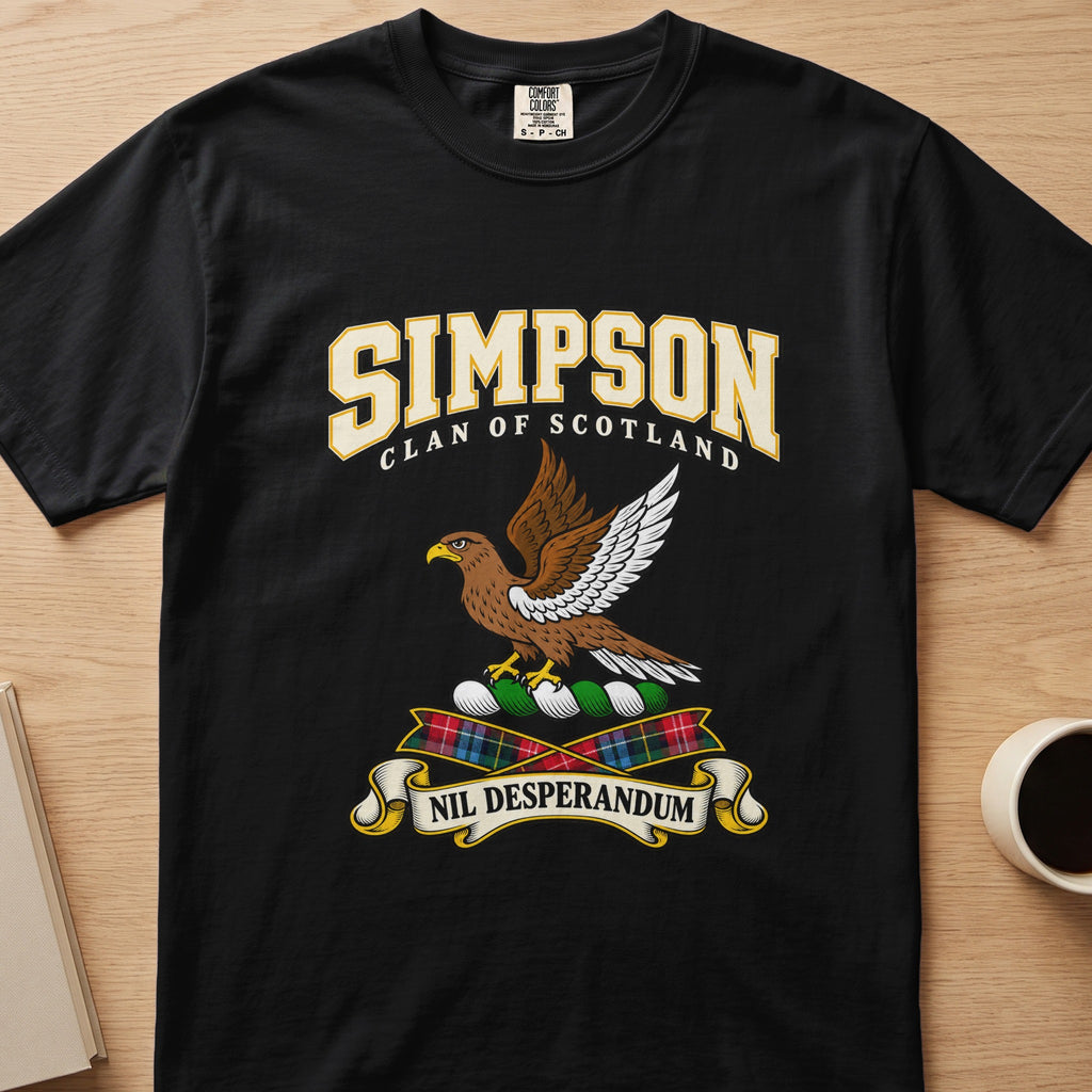 Simpson brown bird with raised white wing graphic on a black Comfort Colors T-shirt, front view