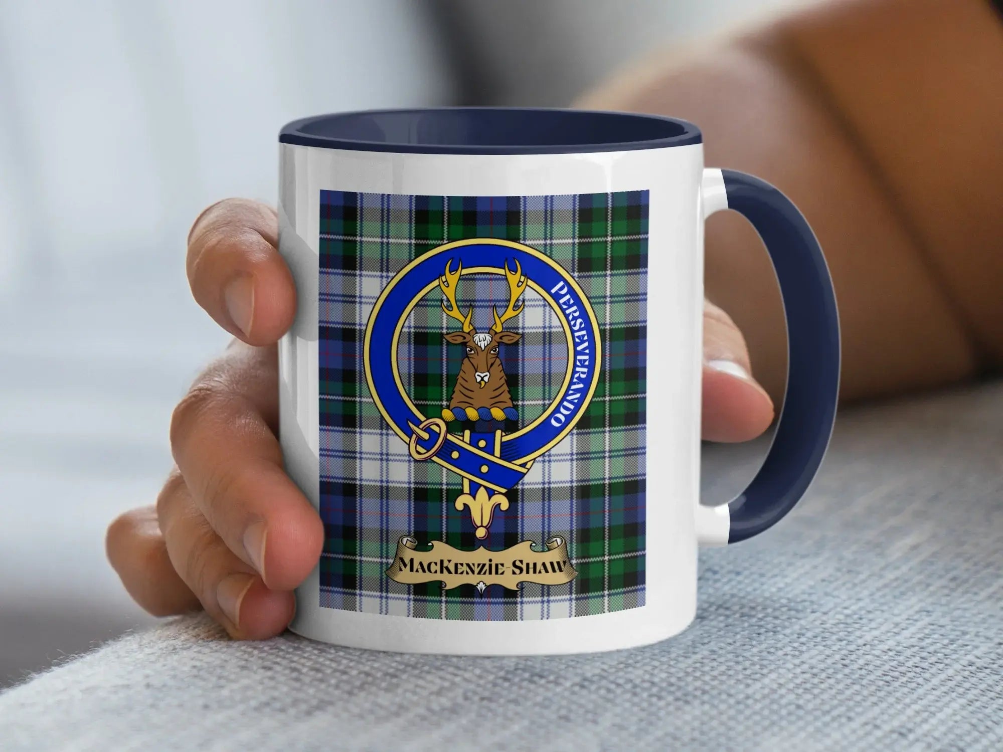 MacKenzie Shaw Perseverando clan crest plaid design mug — glossy ceramic with heraldic design, black handle